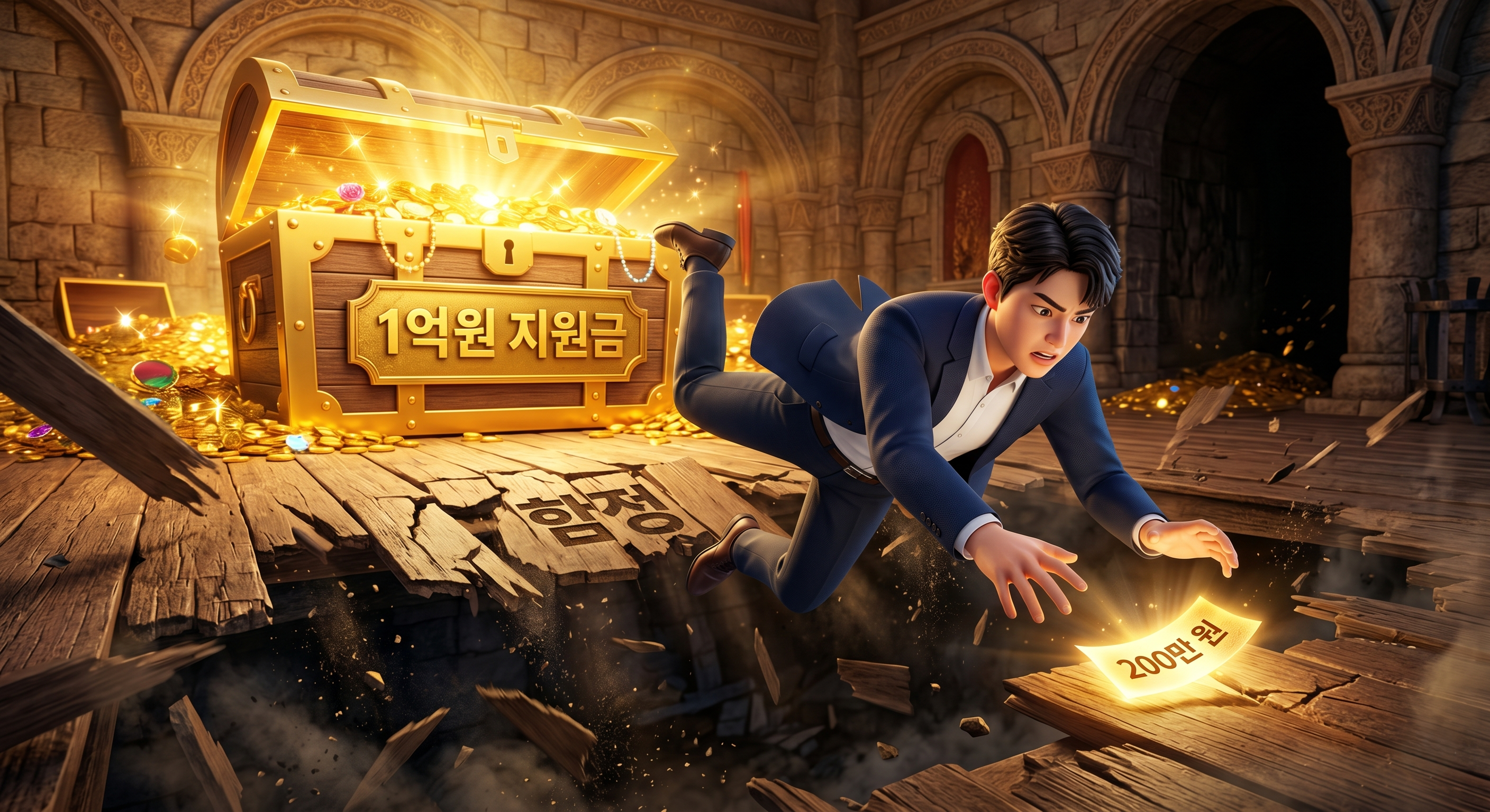 거대한 1억 원짜리 빛나는 황금 상자를 등지고, 바닥에 떨어진 200만 원짜리 미끼(사업자등록증)를 덥석 주우려다 함정에 빠지기 직전인 예비창업자의 위태로운 모습을 묘사한 3D 일러스트.