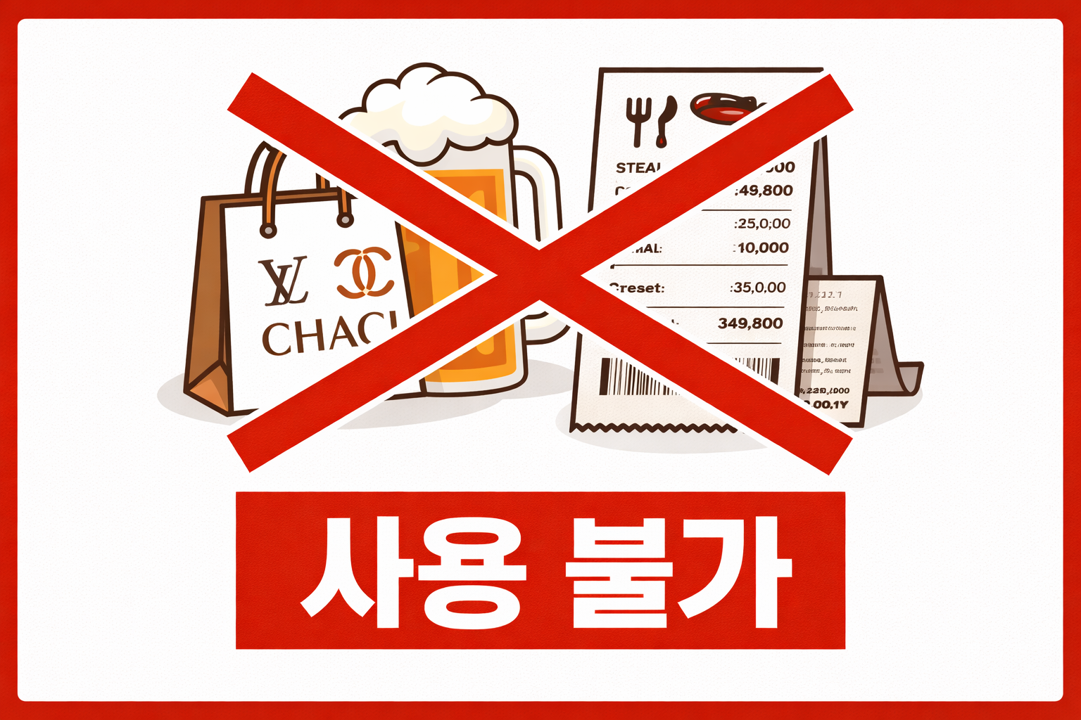 쇼핑백, 맥주잔, 개인적인 식사 영수증 위로 붉은색 대형 'X' 표시가 겹쳐져 있고, 그 옆에 '사용 불가'라는 한국어 텍스트가 굵게 적혀 있는 경고성 그래픽 디자인, 플랫 스타일 인포그래픽